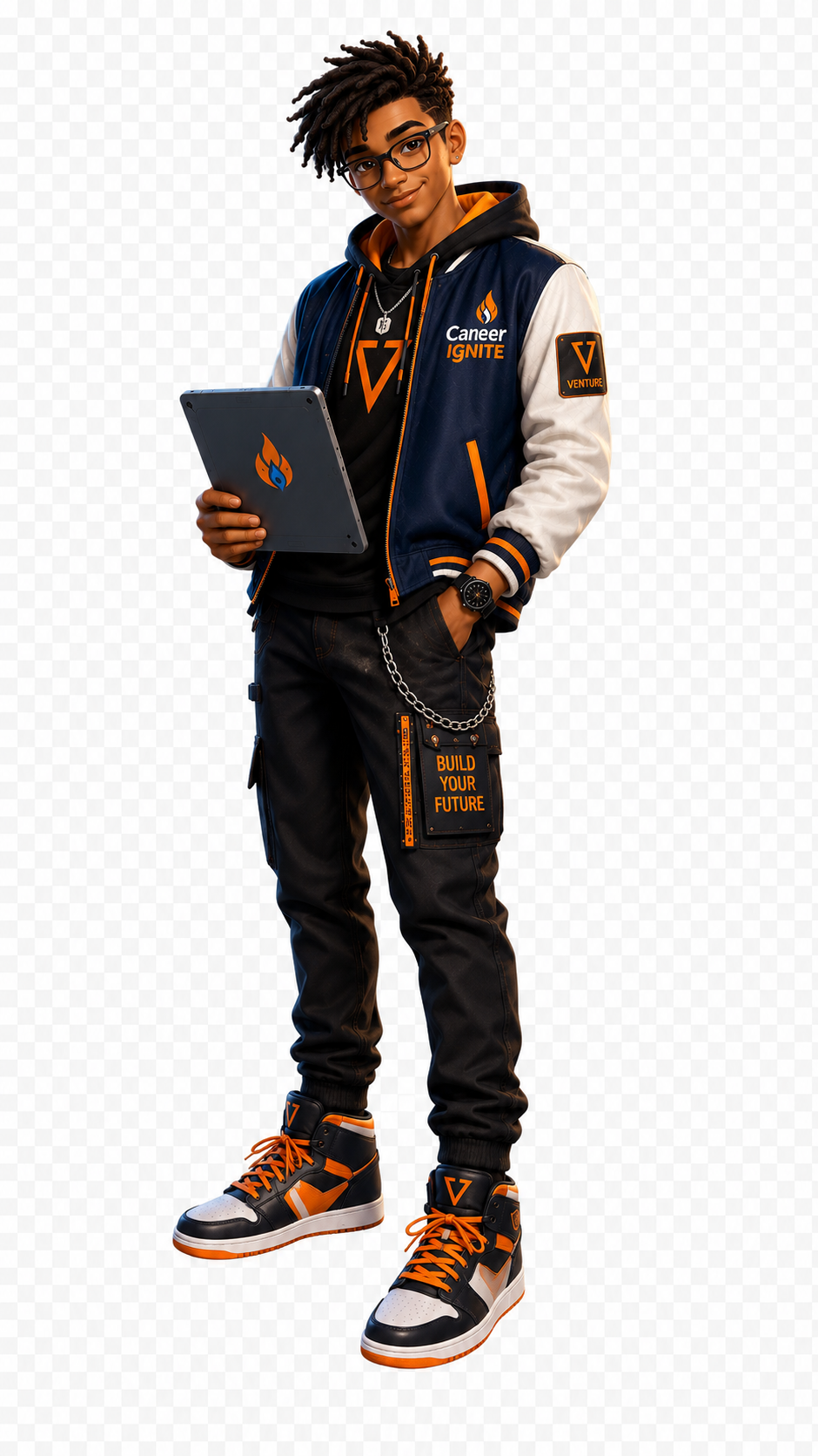 Venture the Entrepreneur, a Career Squad guide holding a tablet