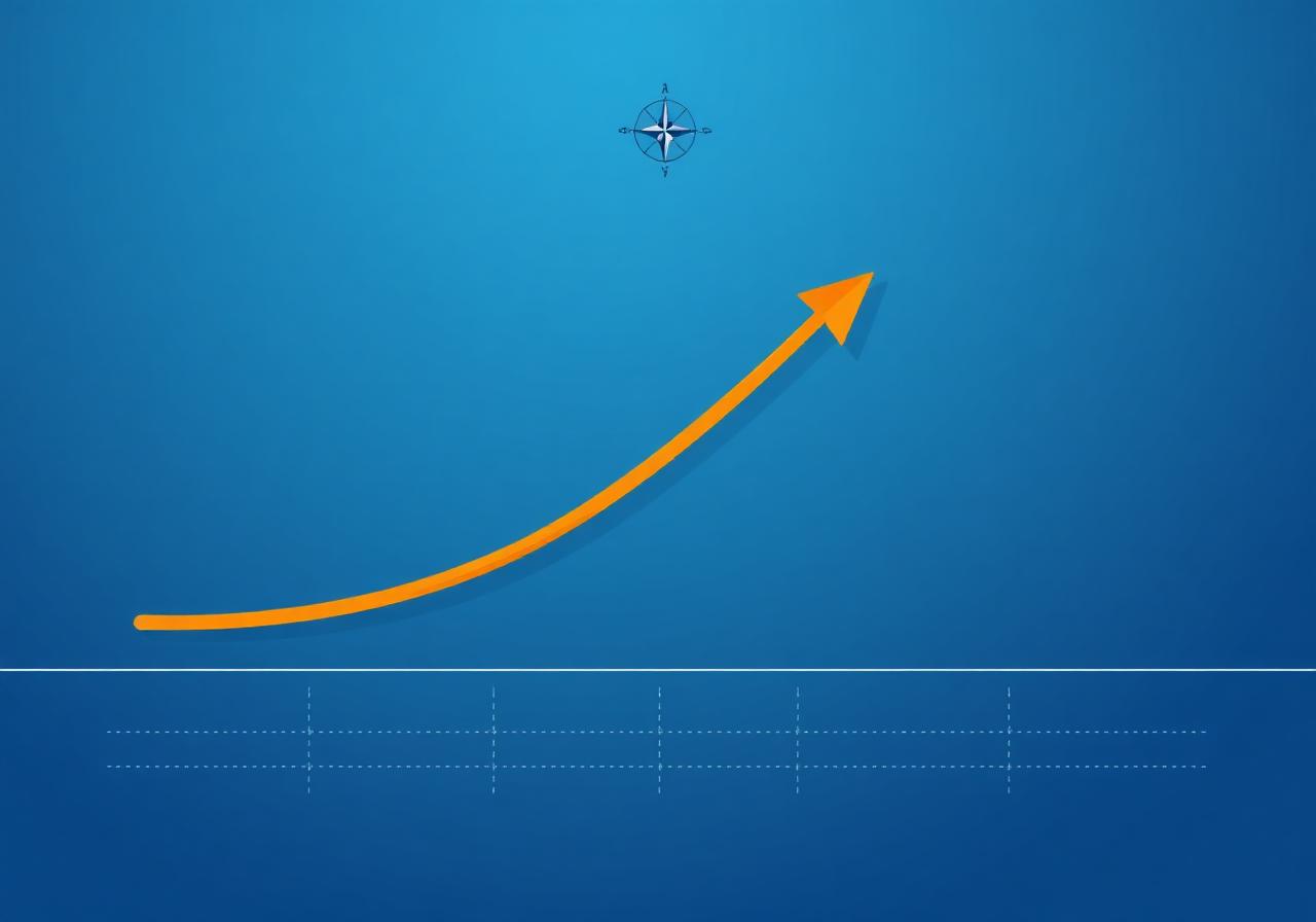 Strategic roadmap with milestones and an upward arrow