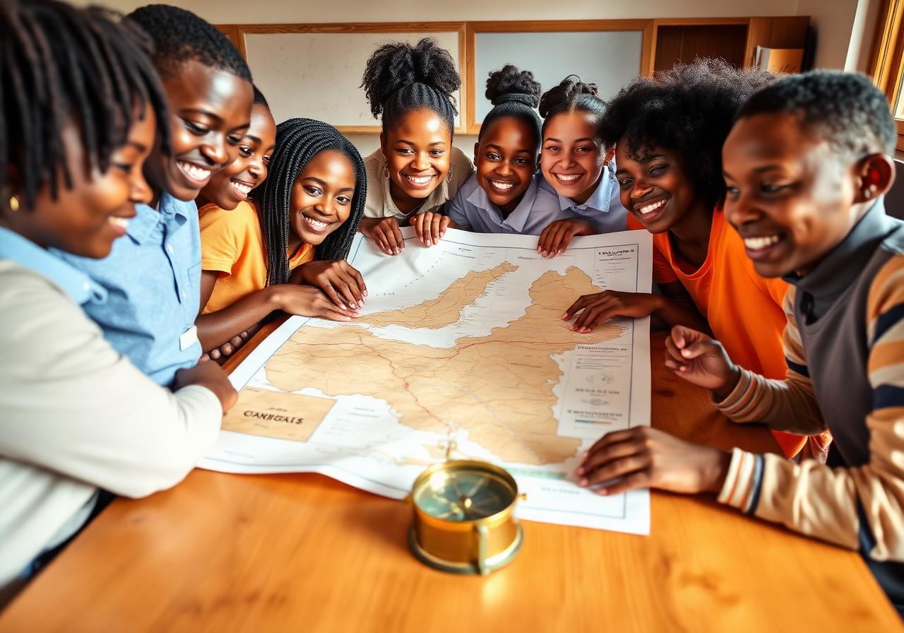 Learners gathered around a map and compass