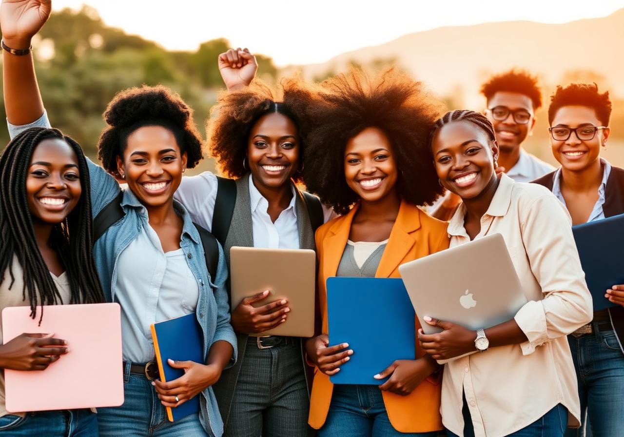 Diverse group of students and professionals celebrating career success