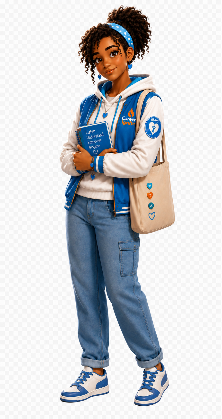 Heart the Helper, a Career Squad guide holding a notebook that reads Listen, Understand, Empower, Inspire